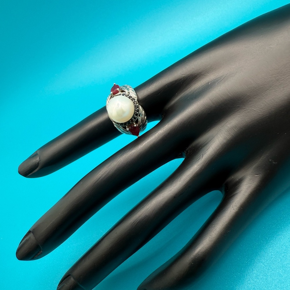 Silver 925 Ruby & Pearl Ring - image 5